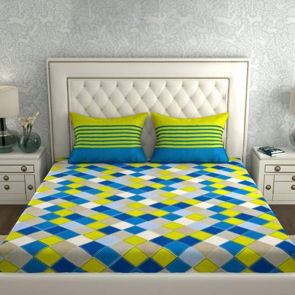 Double Bed Size Pure Cotton Jaipuri Bedsheet (Green, Check)