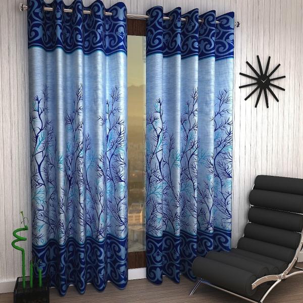 Polyester Semi Transparent Door Curtain (Pack of 2, Blue)