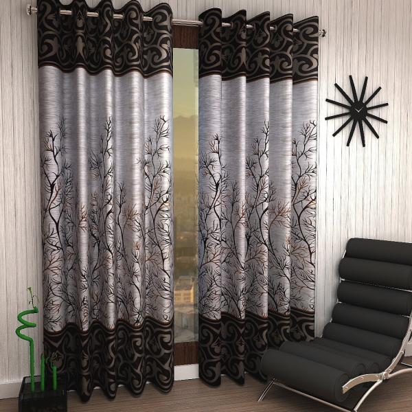 Polyester Semi Transparent Door Curtain (Pack of 2, Brown)