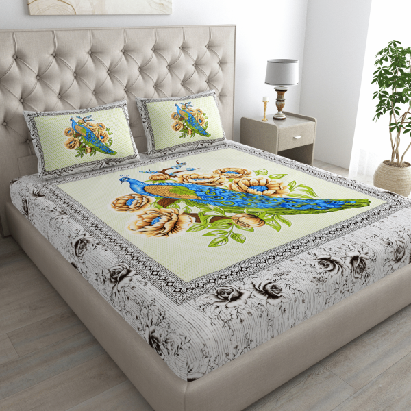 Double Bed Size Pure Cotton Jaipuri Bedsheet (Blue, Green)