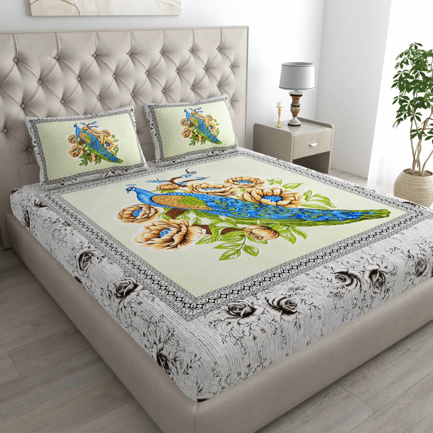 Double Bed Size Pure Cotton Jaipuri Bedsheet (Blue, Green)