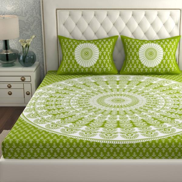 Double Bed Size Pure Cotton Jaipuri Bedsheet (Mehendi Color)