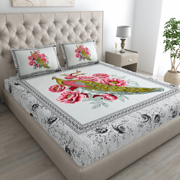 Double Bed Size Pure Cotton Jaipuri Bedsheet (Pink, Green)