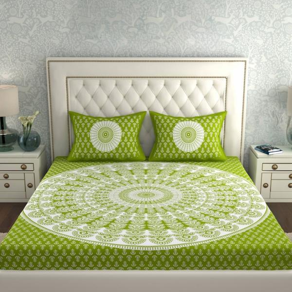 Double Bed Size Pure Cotton Jaipuri Bedsheet (Mehendi Color)