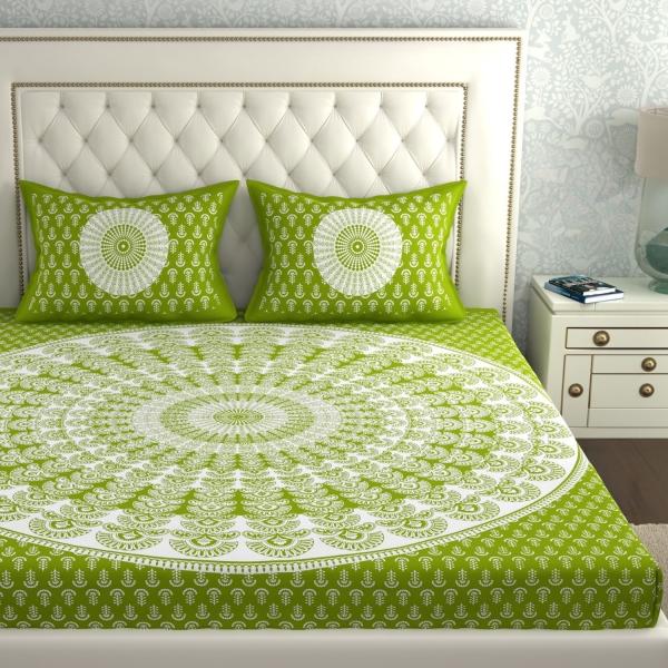 Double Bed Size Pure Cotton Jaipuri Bedsheet (Mehendi Color)